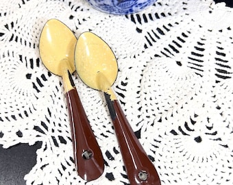 Glamping Camping  Enamelware Spoons - 2 Brown Handles w/ Gold Yellow Bowls - Vintage Flatware *