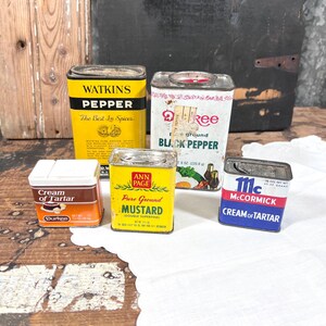 Spice Tins - Vintage Pepper, Cream of Tartar,  Mustard - Durkee, Watkins, A&P