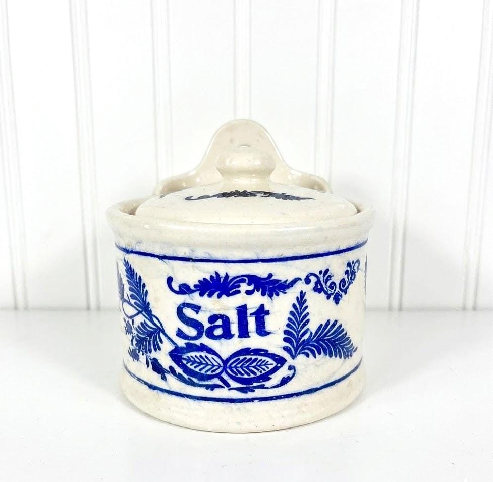Vintage Blue & White Ceramic Salt Cellar Wall Hanging W  Vintage blue and white Ceramic Salt box in Cream and Light Blue main image 2