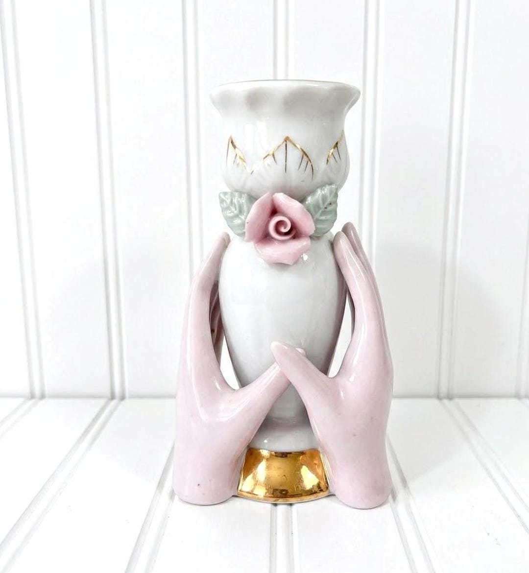 Ceramic Hand Fluted Vase W/ Pink Rose - Vintage - Etsy