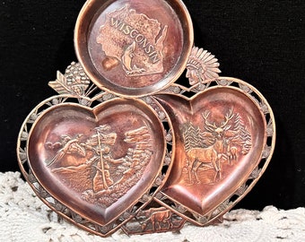 Don't you love an old Copper Trinket Tray Love Wisconsin Vintage - Heart Shaped w/ Round Coaster - Vintage Scenes Wis Dells