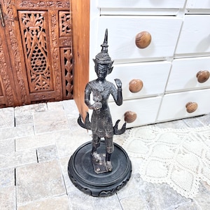 Exquisite Metal Statue of Dancing Statue Figure on Round Carved Asian Base Vintage - 12 1/2&quot; H - Exotic Far Eastern Asian Decor