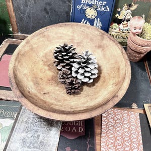 May include: A rustic, wooden bowl with a wide, shallow design. The bowl contains three pine cones, two with white accents. The bowl sits on a table with vintage books and other antique items.