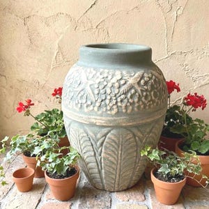 Vintage Pottery15 1/4" High Vase, Urn - Bird Flowers Lg. Leaf