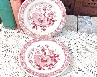 1880's Staffordshire Little Mae w/ Apron Two Plates - Red White Transferware Antique Charles Allerton & Sons - Collectible Rare Dishes