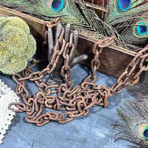 Vintage Welded Link Chain Rustic Aged 107&quot; long - Primitive Worn and Wonderful for Display, Repurpose, Barn Salvage