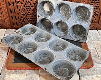 Vintage Muffin Pan Collection of 2 Enamelware / Granite Ware - 1 Six Cup - 1 Eight Cup - Display, Repurpose, Decor Country Kitchen