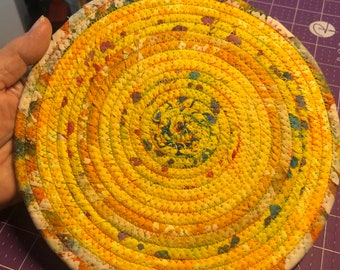 Large Sized Bright Yellow and Golden Batiks Trivet/Mug Rug Candle Mat LT-23-16 Batiks Cotton fabric wrapped coiled Clothesline 8.5”