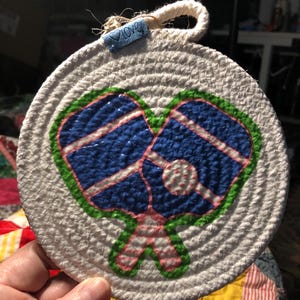 Pickle Ball Coiled Cotton Trivet: Handmade Table Mat, Coaster (6" Round)
