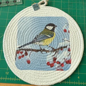 May include: Round trivet with a bird and berry design. The center features a square image of a yellow, black, and blue bird perched on a branch with red berries against a light blue background. The trivet is surrounded by a white rope border.