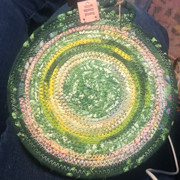 Green Batiks Round Small Trivet/Mug Rug/ Coaster TR-405 Cotton fabric wrapped coiled Rope 6.5” diameter