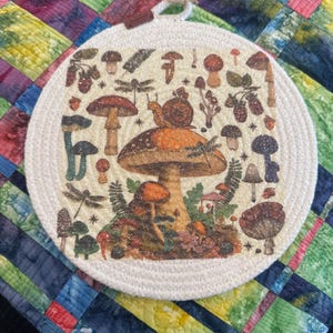 May include: Round, cream-colored trivet with a whimsical mushroom and dragonfly design. The artwork features various mushrooms in shades of brown, orange, and red, with green foliage and small dragonflies. The trivet has a woven rope edge and a loop for hanging.