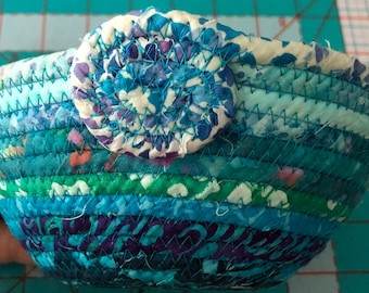 Medium size round turquoise batik fabric covered coiled clothesline bowl - #44