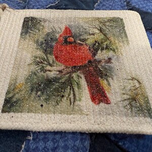 May include: Square, off-white braided trivet with a printed image of a red cardinal bird perched on a branch. The bird is surrounded by green foliage and glitter. The trivet is a kitchen and home decor item.