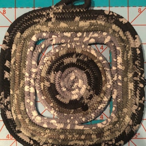 Square Shaped Coiled Clothesline Trivet in Black and Grey Cotton Batiks Trivet #60 -7.5 x 7.5” in size