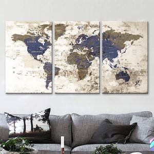 LARGE 30&quot;x 60&quot; 3 panels 30x20 Ea Art Canvas Print Watercolor Beige Old Map World Push Pin Travel Wall decor (framed 1.5&quot; depth)M1811