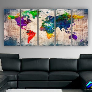 May include: A colorful world map with a vintage, distressed look. The map is divided into five panels, each featuring a different continent. The continents are painted in vibrant colors, including red, orange, yellow, green, blue, and purple.