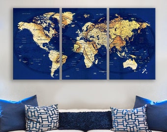 Original by BoxColors LARGE 30"x 60" 3 panels 30x20 Ea Art Canvas Print old Map World Push Pin Travel Wall decor (framed 1.5" depth) M1950