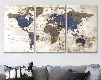 GRANDE 30 "x 60" 3 paneles 30x20 Ea Art Canvas Print Acuarela Beige Mapa antiguo Mundo Push Pin Decoración de pared de viaje (enmarcado 1,5 "de profundidad) M1811