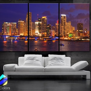 LARGE 30&quot;x 60&quot; 3 Panels Art Canvas Print beautiful Miami skyline downtown Wall Home office interior decor (Included framed 1.5&quot; depth)