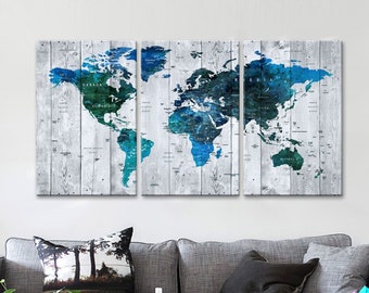 GRANDE 30 "x 60" 3 paneles 30x20 Ea Art Canvas Print Acuarela azul verde Mapa World Push Pin Travel Wall decor (enmarcado 1.5" de profundidad) M1813