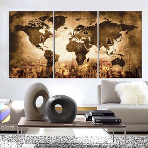 May include: A three-panel canvas print featuring a vintage-style world map with iconic landmarks from around the globe. The map is in shades of brown and beige, with a distressed, aged look. The landmarks are depicted in black silhouettes.