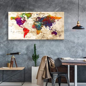 Art Canvas Print World Maps Travel push pin Choose The Size Wall Decor Home Living Room Ofice Ready To Hang framed 1.5&quot; depth ( P2416 )