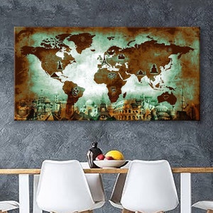 Art Canvas Print World Map Travel push pin Choose The Size Wall Decor Home Living Room Office Ready To Hang framed 1.5&quot; depth ( P2437 )