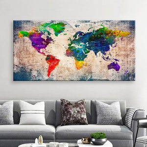 Art Canvas Print World Maps Travel push pin Choose The Size Wall Decor Home Living Room Ofice Ready To Hang framed 1.5&quot; depth ( P2408)
