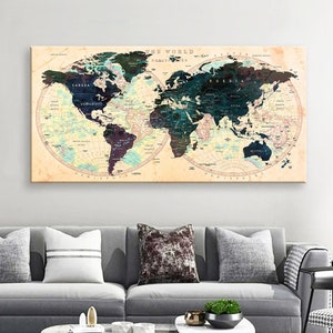Art Canvas Print World Maps Travel push pin Choose The Size Wall Decor Home Living Room Ofice Ready To Hang framed 1.5&quot; depth ( P2403 )