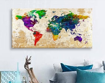 Impresión en lienzo artístico Mapas del mundo Alfiler de viaje Elija el tamaño Decoración de la pared Hogar Sala de estar Ofice Listo para colgar enmarcado 1.5" de profundidad (P2426)