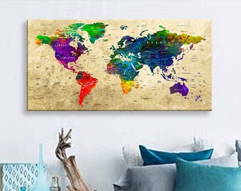Art Canvas Print World Maps Travel push pin Choose The Size Wall Decor Home Living Room Ofice Ready To Hang framed 1.5" depth ( P2429 )