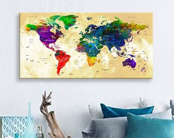 Impresión en lienzo artístico Mapas del mundo Alfiler de viaje Elija el tamaño Decoración de la pared Hogar Sala de estar Ofice Listo para colgar enmarcado 1.5" de profundidad (P2425)