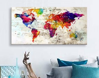 Impresión en lienzo artístico Mapas del mundo Alfiler de viaje Elija el tamaño Decoración de la pared Hogar Sala de estar Ofice Listo para colgar enmarcado 1.5" de profundidad (P2428)