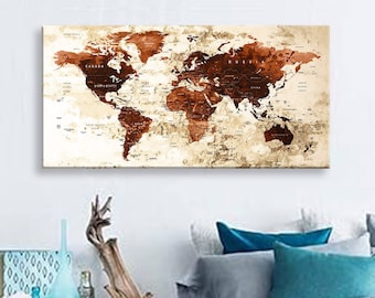 Impresión en lienzo artístico Mapas del mundo Alfiler de viaje Elija el tamaño Decoración de la pared Hogar Sala de estar Ofice Listo para colgar enmarcado 1.5" de profundidad (P2422)
