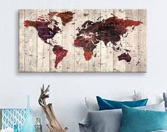 Impresión en lienzo artístico Mapas del mundo Alfiler de viaje Elija el tamaño Decoración de la pared Hogar Sala de estar Ofice Listo para colgar enmarcado 1.5" de profundidad (P2421)