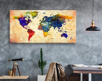 Impresión en lienzo artístico Mapas del mundo Alfiler de viaje Elija el tamaño Decoración de la pared Hogar Sala de estar Ofice Listo para colgar enmarcado 1.5" de profundidad (P2415)