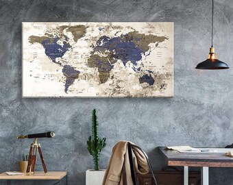 Impresión en lienzo artístico Mapas del mundo Alfiler de viaje Elija el tamaño Decoración de la pared Hogar Sala de estar Ofice Listo para colgar enmarcado 1.5" de profundidad (P2411)