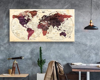 Impresión en lienzo artístico Mapas del mundo Alfiler de viaje Elija el tamaño Decoración de la pared Hogar Sala de estar Ofice Listo para colgar enmarcado 1.5" de profundidad (P2420)
