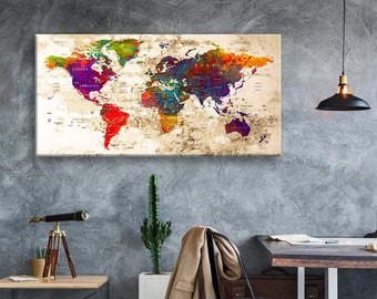 Impresión en lienzo artístico Mapas del mundo Alfiler de viaje Elija el tamaño Decoración de la pared Hogar Sala de estar Ofice Listo para colgar enmarcado 1.5" de profundidad (P2416)