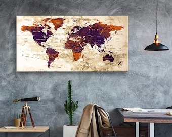 Impresión en lienzo artístico Mapas del mundo Alfiler de viaje Elija el tamaño Decoración de la pared Hogar Sala de estar Ofice Listo para colgar enmarcado 1.5" de profundidad (P2417)