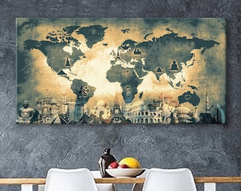 Impresión en lienzo artístico Mapa del mundo Pasador de viaje Elija el tamaño Decoración de pared Hogar Sala de estar Oficina Listo para colgar enmarcado 1.5" de profundidad (P2438)
