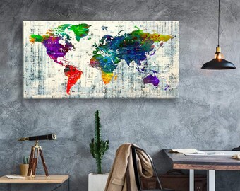 Impresión en lienzo artístico Mapas del mundo Alfiler de viaje Elija el tamaño Decoración de la pared Hogar Sala de estar Ofice Listo para colgar enmarcado 1.5" de profundidad (P2414)