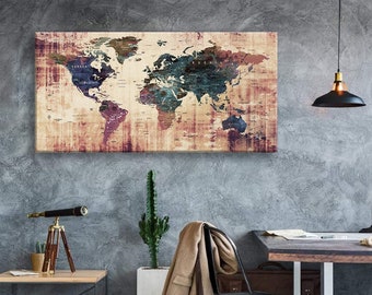 Impresión en lienzo artístico Mapas del mundo Alfiler de viaje Elija el tamaño Decoración de la pared Hogar Sala de estar Ofice Listo para colgar enmarcado 1.5" de profundidad (P2419)