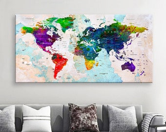 Impresión en lienzo artístico Mapas del mundo Alfiler de viaje Elija el tamaño Decoración de la pared Hogar Sala de estar Ofice Listo para colgar enmarcado 1.5" de profundidad (P2407)