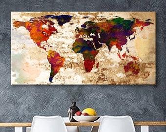 Art Canvas Print World Map Travel push pin Choose The Size Wall Decor Home Living Room Office Ready To Hang framed 1.5" depth ( P2435 )