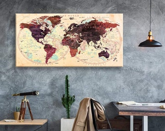 Art Canvas Print World Maps Travel push pin Choose The Size Wall Decor Home Living Room Ofice Ready To Hang framed 1.5" depth ( P2418 )