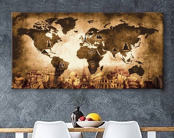 Impresión en lienzo artístico Mapa del mundo Pasador de viaje Elija el tamaño Decoración de pared Hogar Sala de estar Oficina Listo para colgar enmarcado 1.5" de profundidad (P2439)
