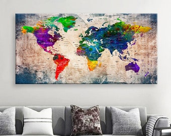 Art Canvas Print World Maps Travel push pin Choose The Size Wall Decor Home Living Room Ofice Ready To Hang framed 1.5" depth ( P2408)