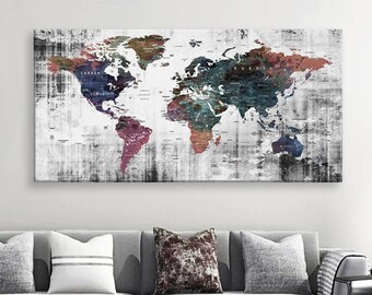 Impresión en lienzo artístico Mapas del mundo Alfiler de viaje Elija el tamaño Decoración de la pared Hogar Sala de estar Ofice Listo para colgar enmarcado 1.5" de profundidad (P2409)